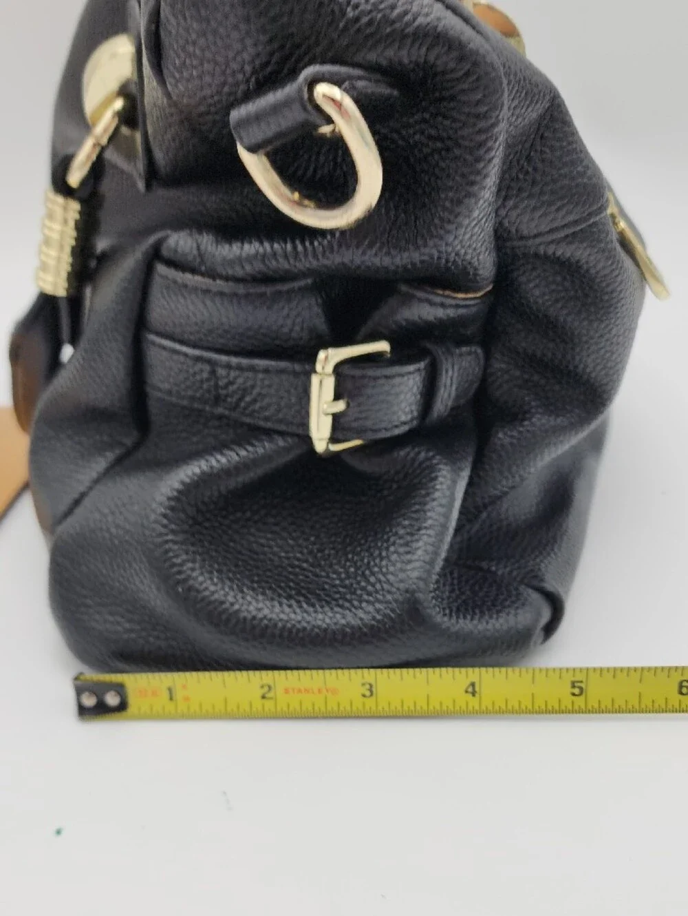 Paste Black Leather Structured Tote Bag with Gold Hardware